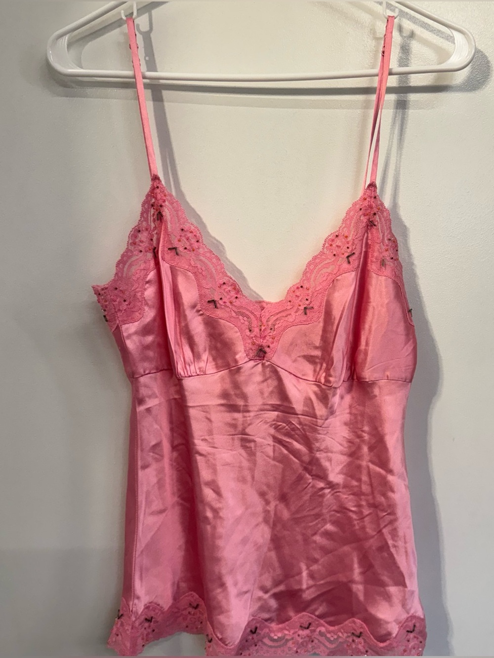 Gold Hawk Pink Satin Camisole Lace Trim Strap Tank Top Vintage Y2K Lingerie